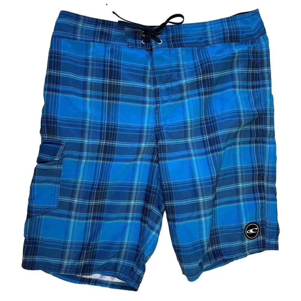 O’Neill Blue Plaid Swim Trunk - Mens 34